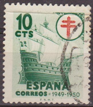 z vendido España 1949 1067 Sello º Pro Tuberculosos Cruz de Lorena en rojo Nao 10c Timbre Espagne Spain Spagna